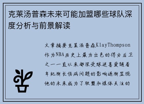 克莱汤普森未来可能加盟哪些球队深度分析与前景解读